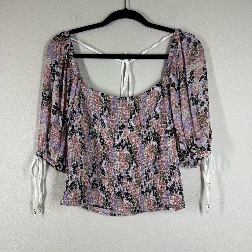 NWT Free People Back On Top Smocked Cropped Puff Sleeve Floral Soft Combo Large